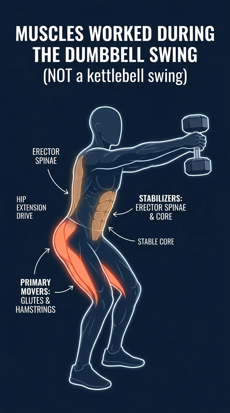 Dumbbell swing muscles activated: glutes and hamstrings as the primary movers of explosive hip extension, with the erector spinae and core stabilizing the flat-back hinge