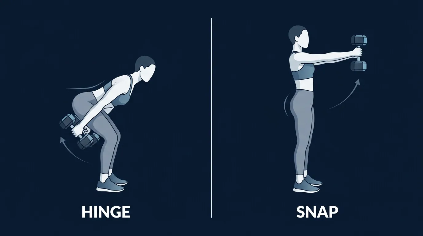 Dumbbell swing movement showing the hinge bottom position with the dumbbell swung back between the thighs and the standing top position with hips snapped forward