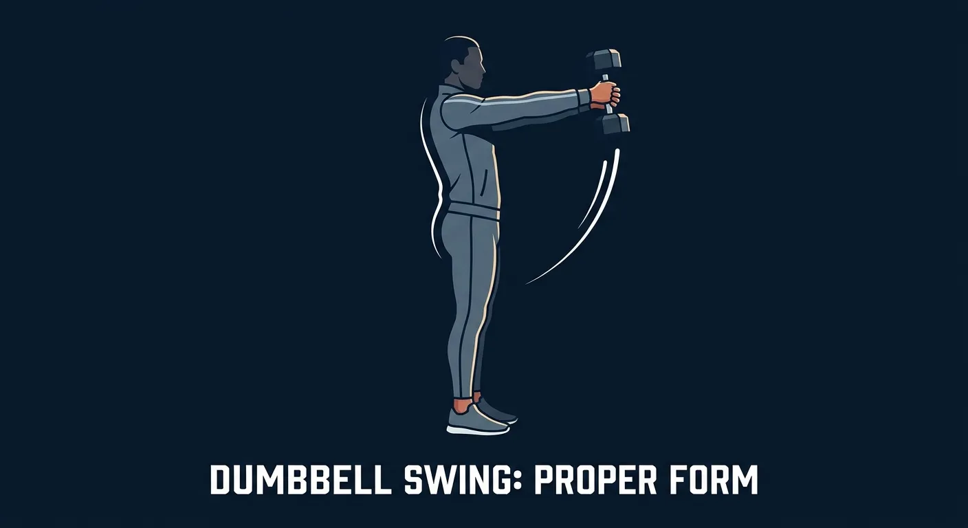 Dumbbell swing proper form at the top: hips fully extended, glutes squeezed, body in a straight vertical plank, single dumbbell floating at chest height held in both hands