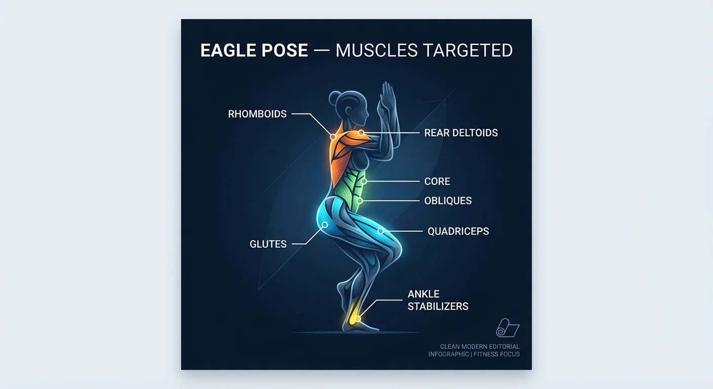 Eagle pose muscles targeted diagram showing quadriceps and glutes of standing leg, rhomboids and rear deltoids stretched through arm wrap, and hip adductors engaged through leg wrap