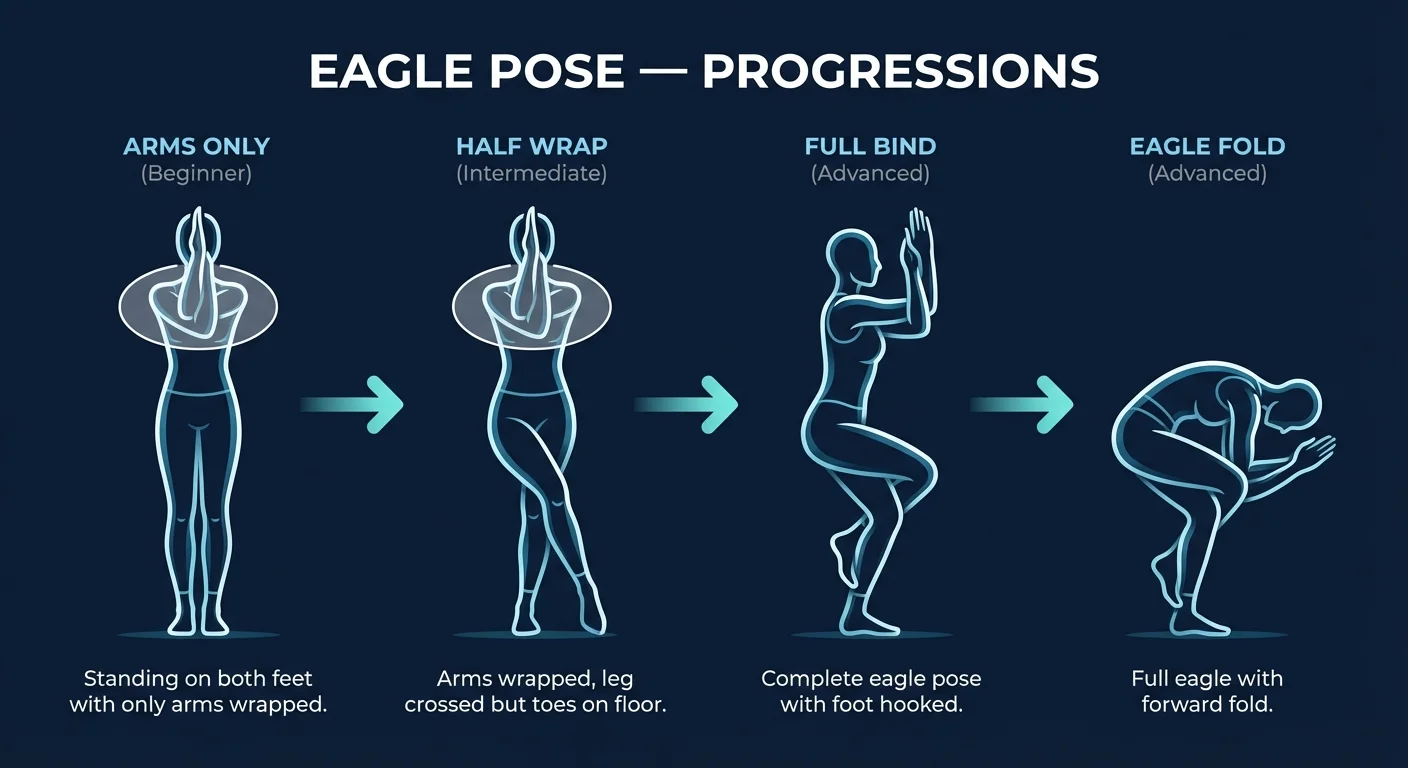 Eagle pose progression from arms-only seated variation to half-wrap standing to full bind with foot hooked, showing increasing difficulty levels