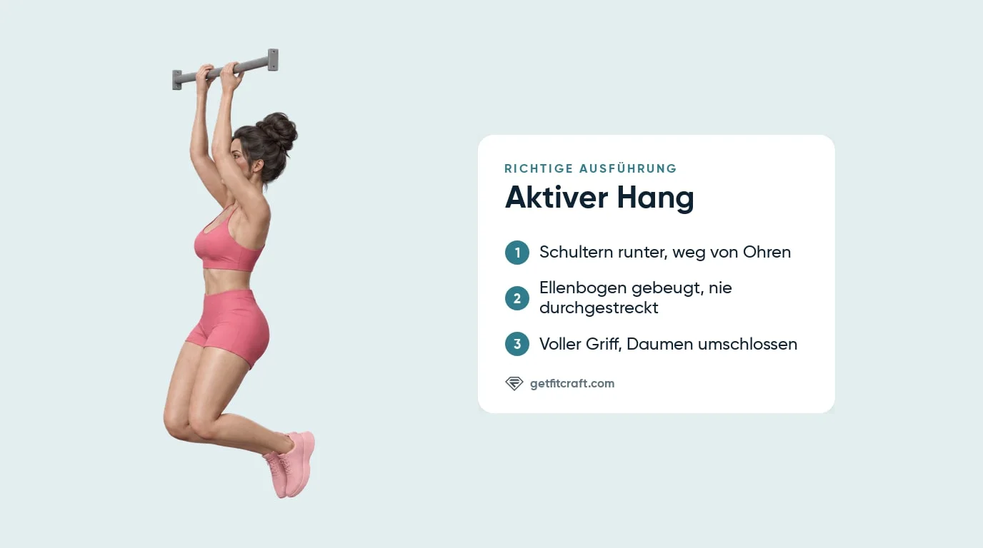 Aktiver Hang richtige Form von der Seite: Schultern nach unten gezogen, Ellenbogen gebeugt, Knie gebeugt, Füße nebeneinander