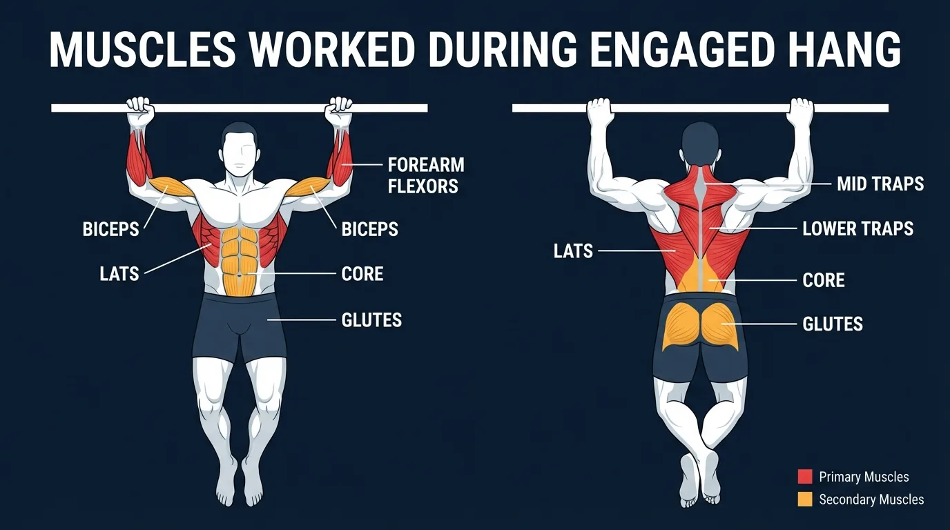 Engaged hang muscles targeted diagram showing lower trapezius and latissimus dorsi as primary movers with rhomboids, serratus anterior, and rotator cuff as secondary muscles