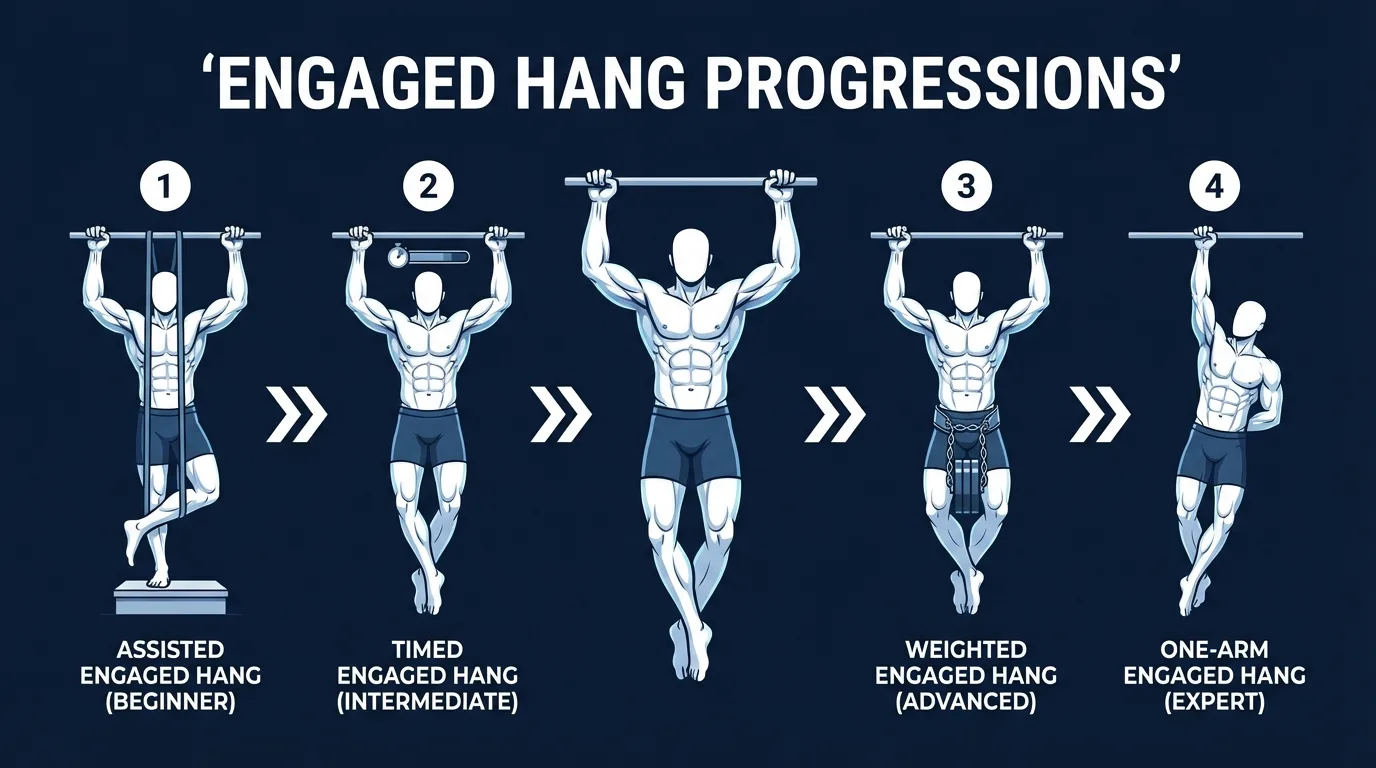 Engaged hang progression pathway showing feet-assisted hang, full engaged hang, scapular pull up reps, chin up negatives, and full chin ups with difficulty levels