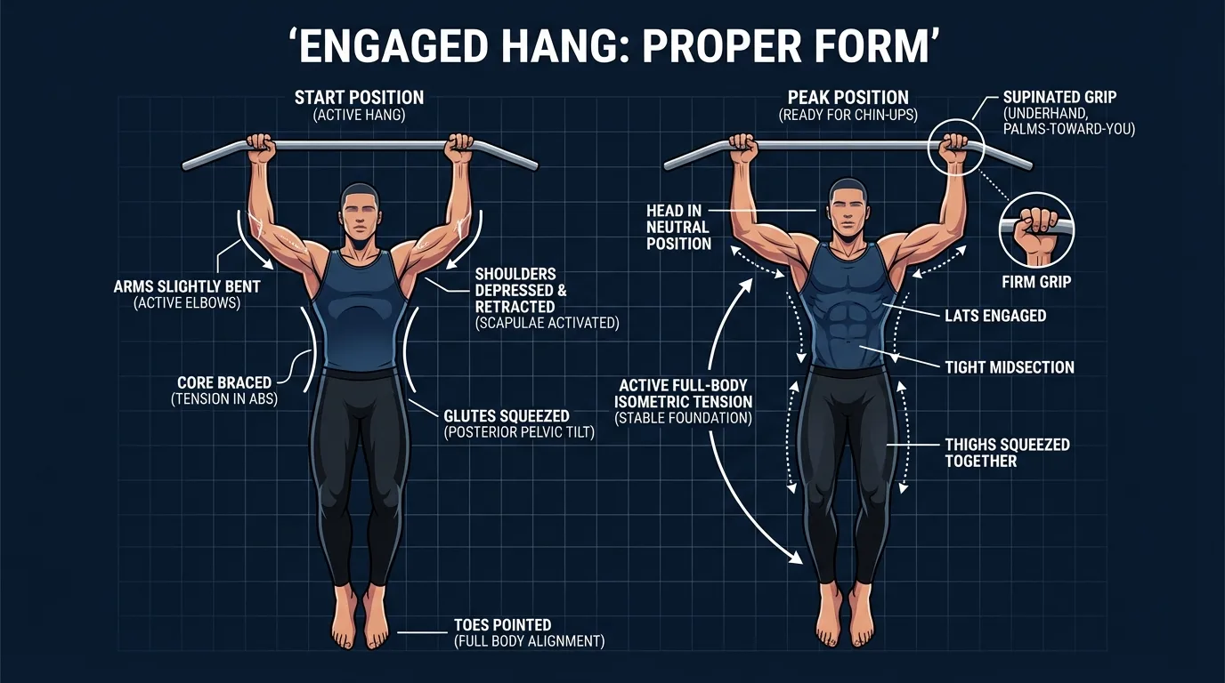 Side-by-side comparison of dead hang with elevated shoulders versus engaged hang with depressed scapulae, showing the correct shoulder blade position