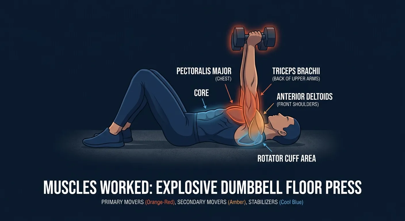 Explosive floor press muscles activated: pectoralis major and triceps brachii as primary movers, anterior deltoids assisting, with the rotator cuff, core, and scapular stabilizers holding the supine dumbbell pressing position