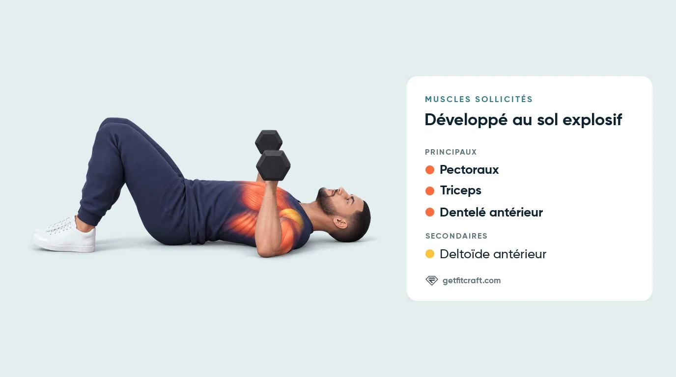Développé au sol explosif, muscles travaillés : pectoraux, triceps et dentelé antérieur, plus deltoïde antérieur