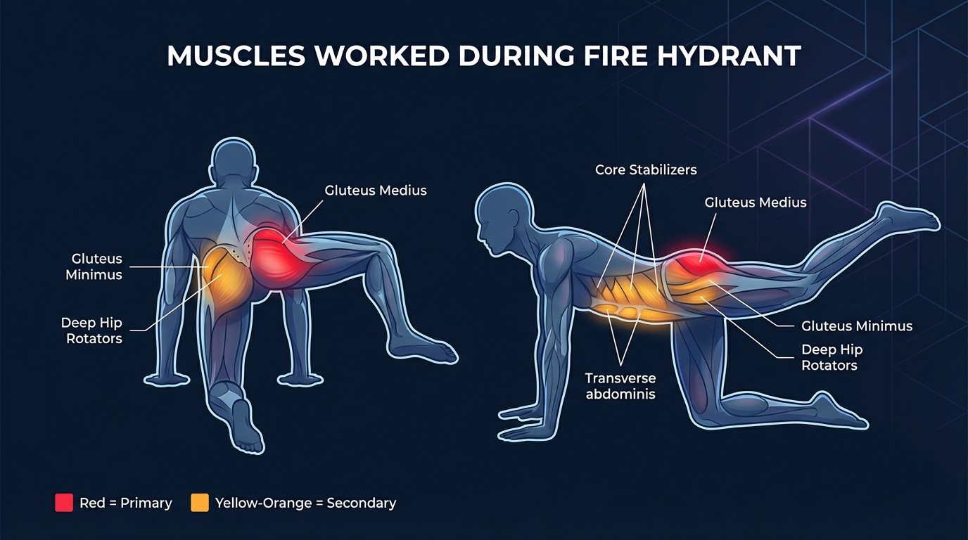 Fire hydrant muscles targeted diagram showing gluteus medius as primary muscle with gluteus minimus, core stabilizers, and deep hip rotators as secondary