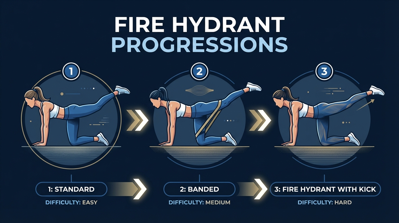 Fire hydrant progression from standard bodyweight to banded to fire hydrant with kick extension
