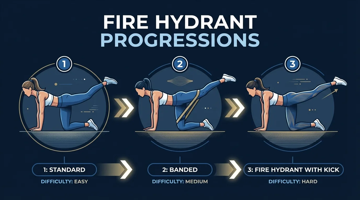 Fire-Hydrant-Progressionssequenz: Standard-Körpergewichtsversion, Version mit Mini-Widerstandsband oberhalb der Knie und Fortgeschrittenenversion mit Beinstreckung oben in der Wiederholung