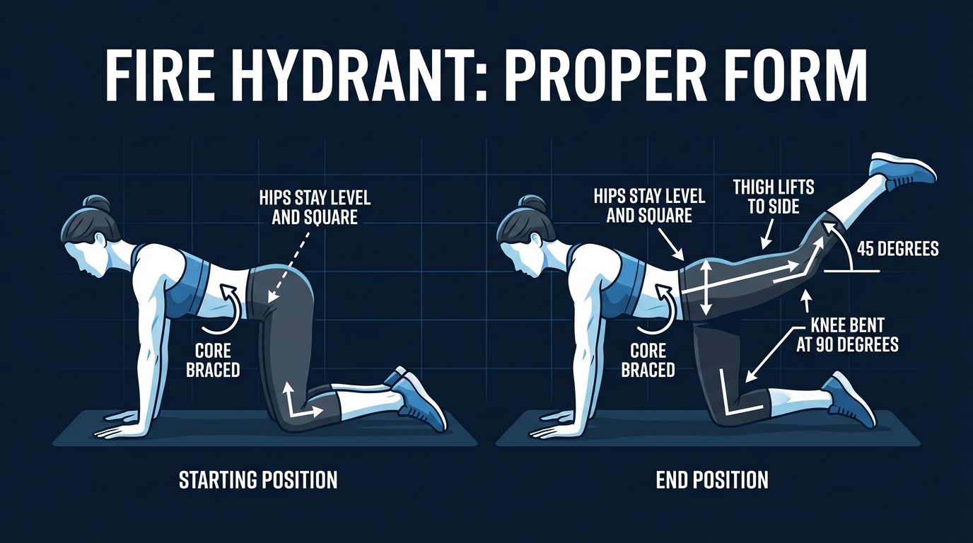 Fire hydrant proper form showing starting position on all fours and end position with knee lifted to the side at 45 degrees, hips staying square and level