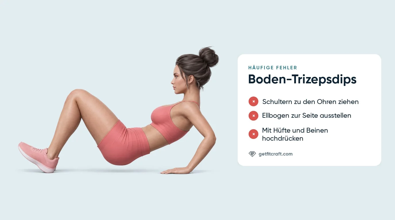 Häufige Fehler beim Boden-Trizepsdip neben der richtigen Haltung: Schultern unten, Ellbogen nach hinten