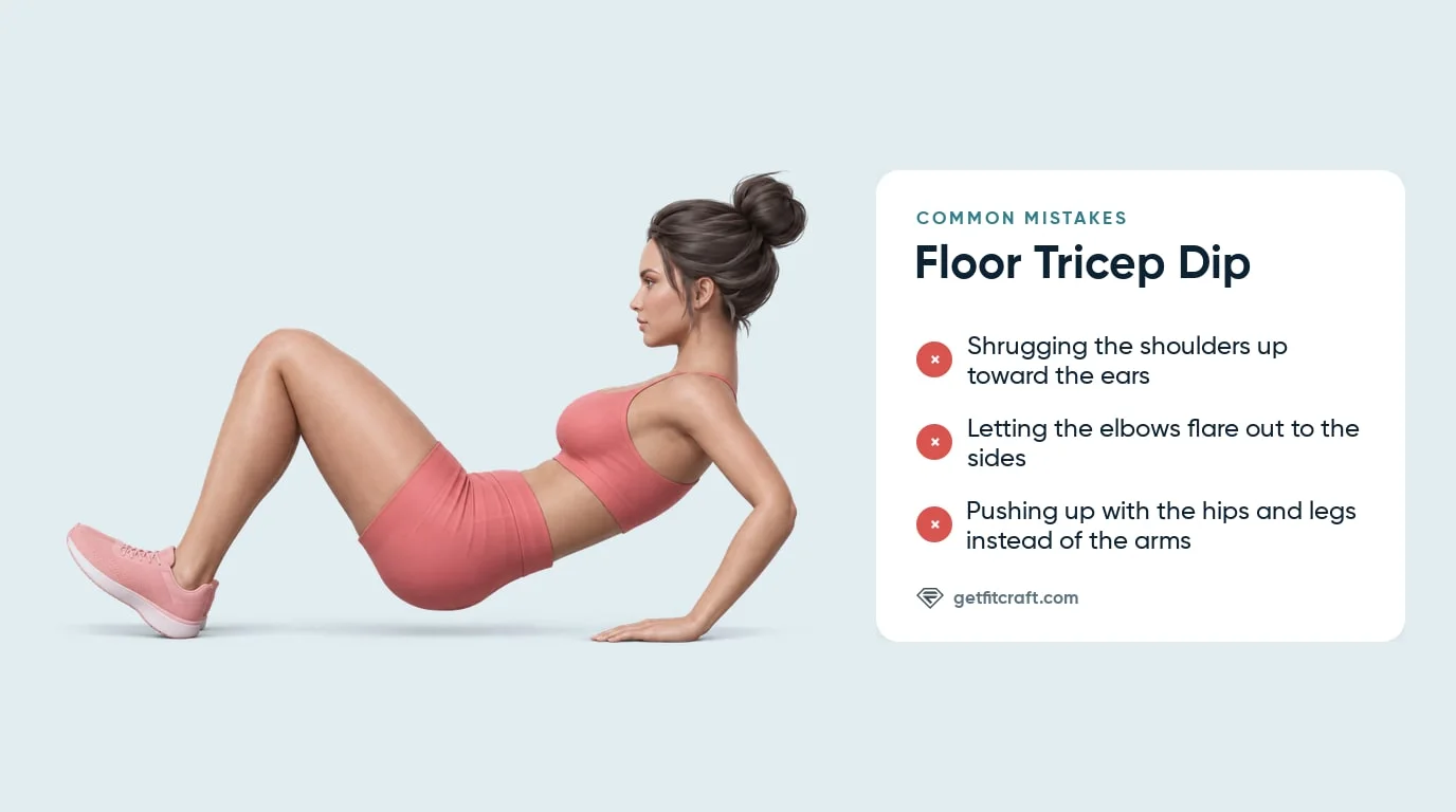 Floor tricep dips common mistakes listed beside the correct pose: shoulders down, elbows bent back, hips just off the floor