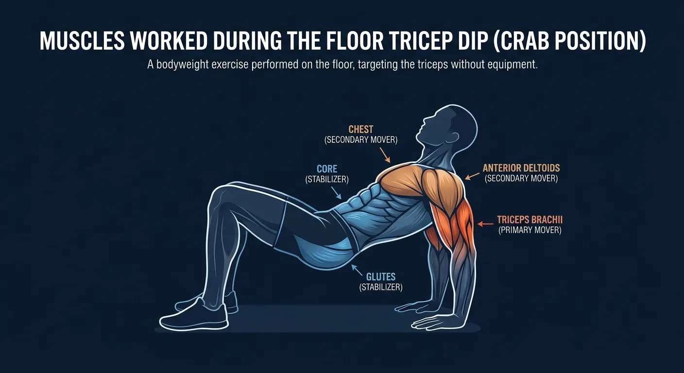 Floor tricep dip muscles activated: triceps brachii as the primary mover, anterior deltoids and chest assisting, with the core and glutes stabilizing the lifted-hip crab position