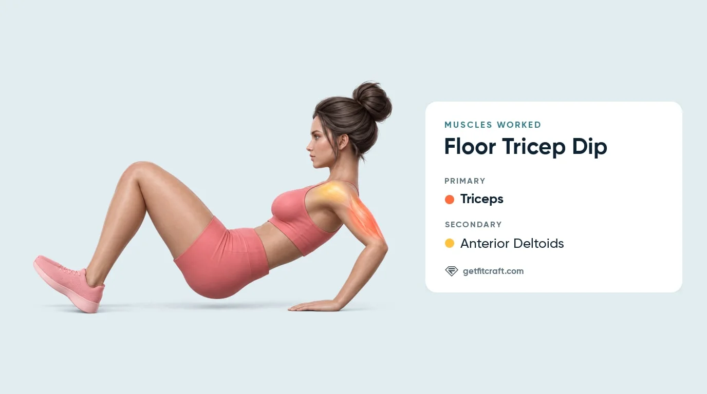 Floor tricep dips muscles worked: triceps and anterior deltoids highlighted, hands behind the hips, hips just off the floor