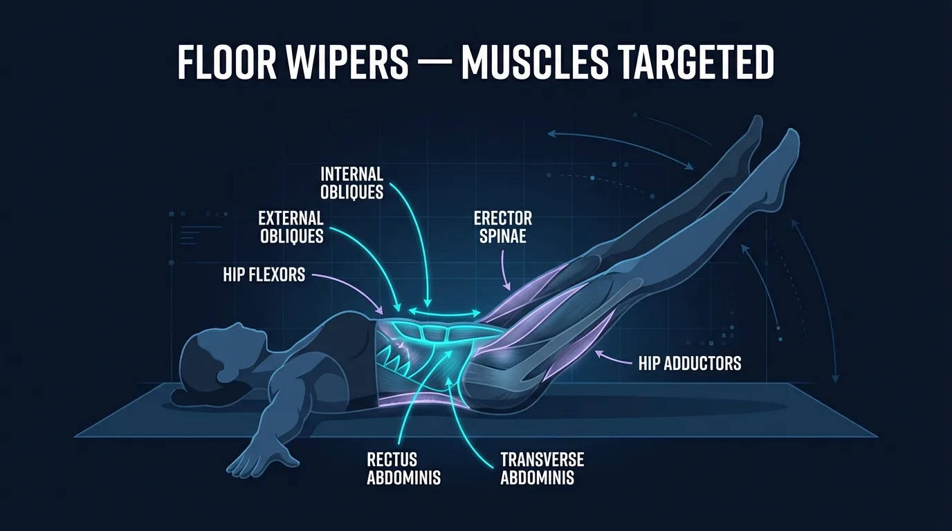 Floor Wipers muscles targeted diagram showing obliques, rectus abdominis, transverse abdominis, and hip flexors engaged during the exercise