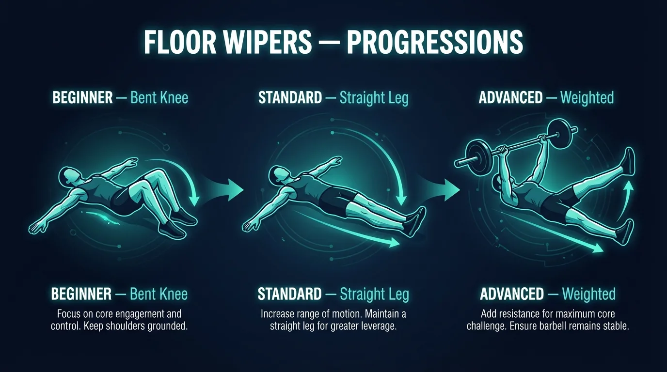 Floor Wipers progressions showing bent-knee regression, standard bodyweight form, and weighted barbell progression