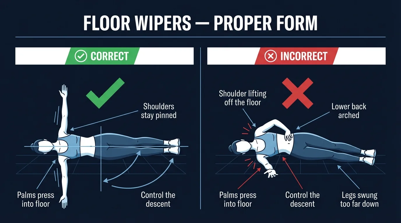 Floor Wipers proper form illustration showing correct body position with legs sweeping to one side, arms anchored, and shoulders flat on the floor