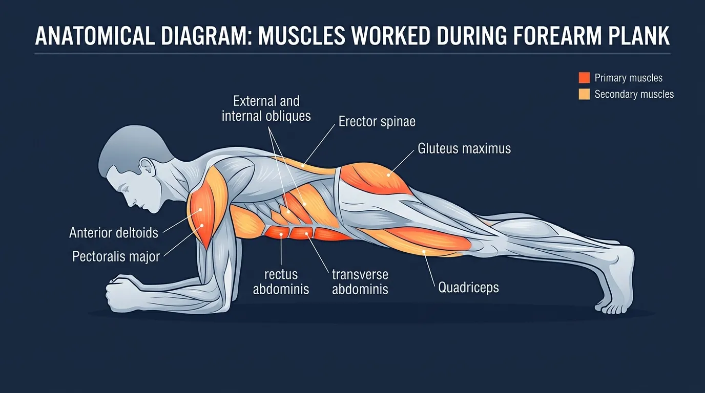 Forearm plank muscles activated: rectus abdominis, transverse abdominis, and obliques as primary anti-extension drivers, with the glutes, spinal erectors, and shoulder girdle stabilizing the head-to-heel plank position