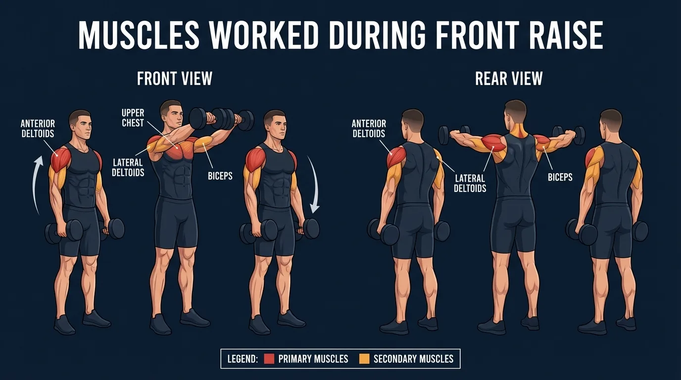 Front raise muscles targeted diagram showing anterior deltoid, medial deltoid, upper pectoralis major, serratus anterior, and upper trapezius activation during dumbbell front raise