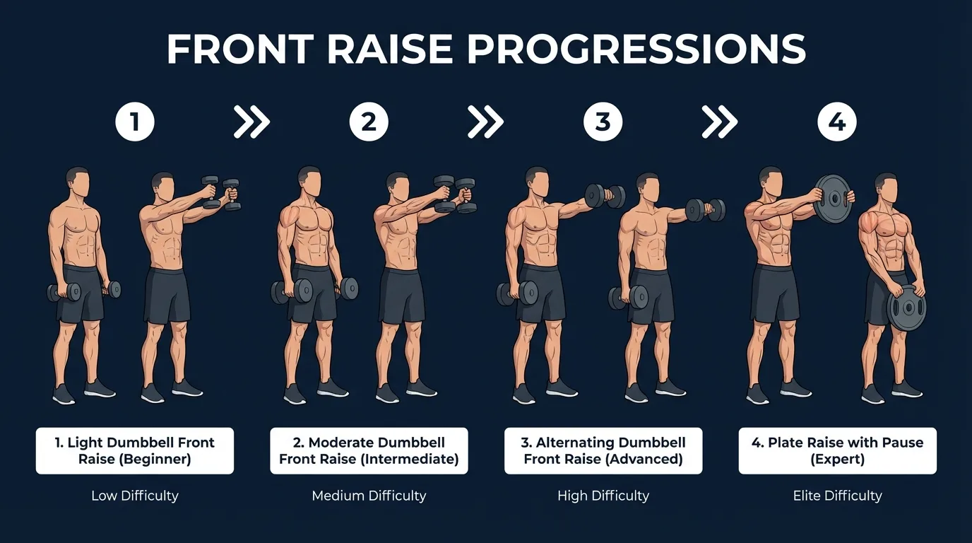 Front raise exercise progressions from seated front raise to standard standing dumbbell front raise to plate front raise to incline bench front raise