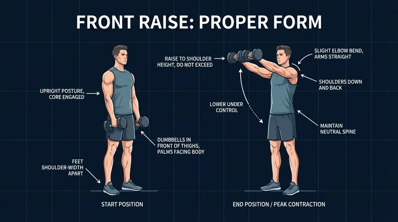 Dumbbell front raise proper form showing vertical torso, shoulder-height stopping point, slight elbow bend, neutral wrist position, and controlled movement path