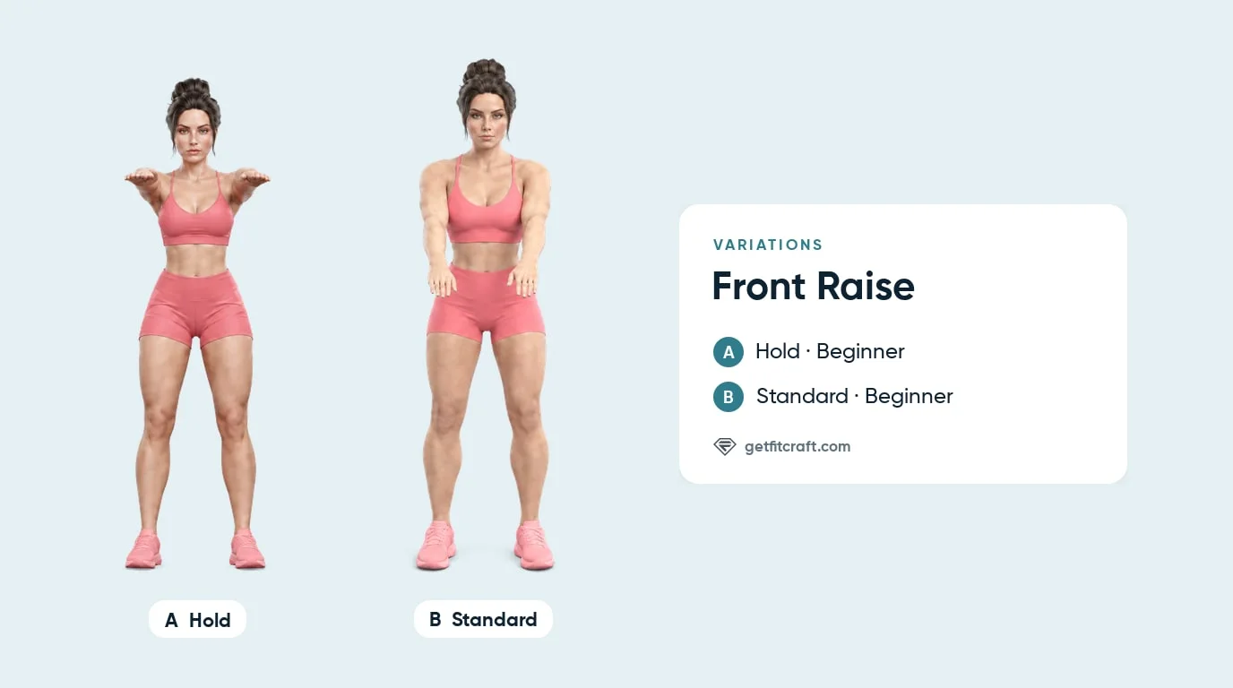 Front raise variations without weights: a hold with both arms at shoulder height next to a standard raise caught partway up