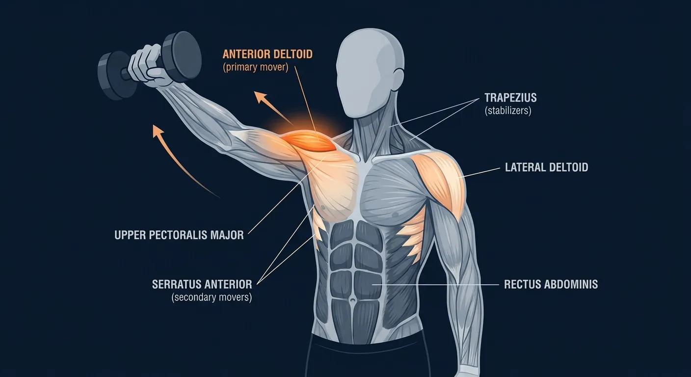 Dumbbell front raise muscles worked: anterior deltoid as the primary mover lifting the dumbbell from thigh to shoulder height, with the upper pectoralis major (clavicular head) and serratus anterior assisting, and the trapezius plus rotator cuff acting as stabilizers