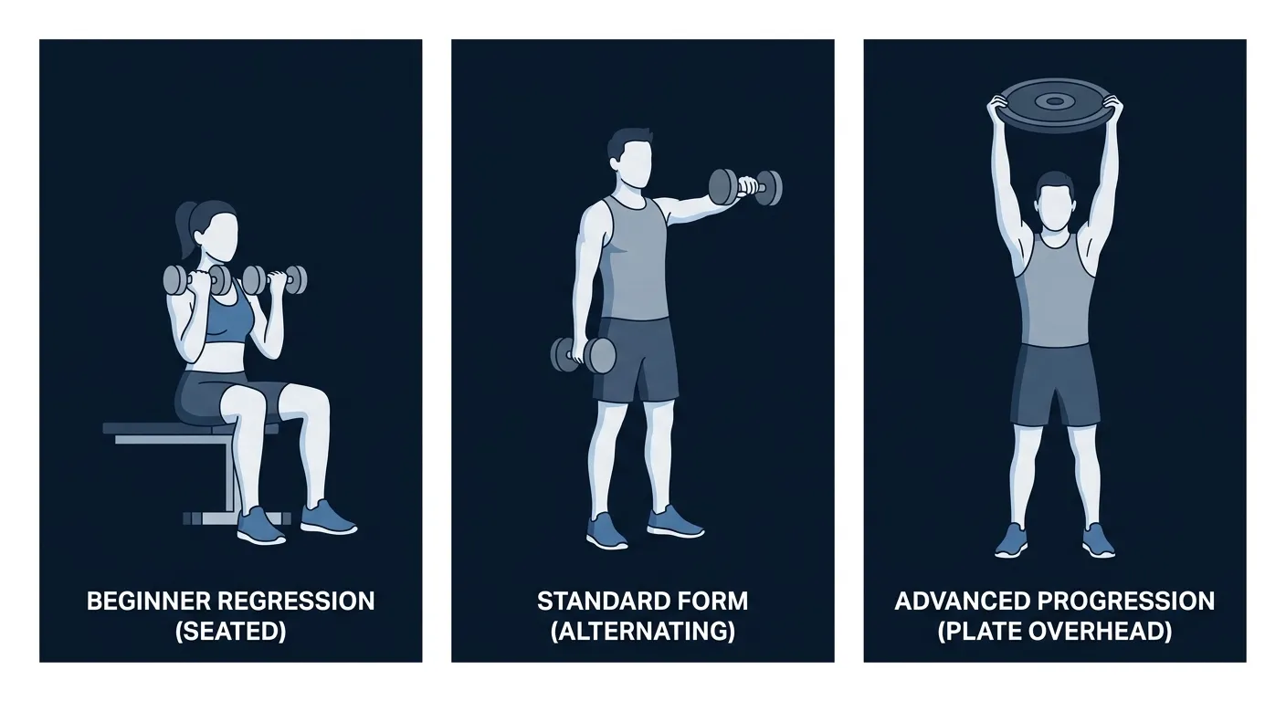 Dumbbell front raise progression sequence: seated light-dumbbell front raise on the left (beginner regression for back support), standing alternating dumbbell front raise in the middle (standard), plate front raise held with both hands on the right (advanced progression with greater stability demand)