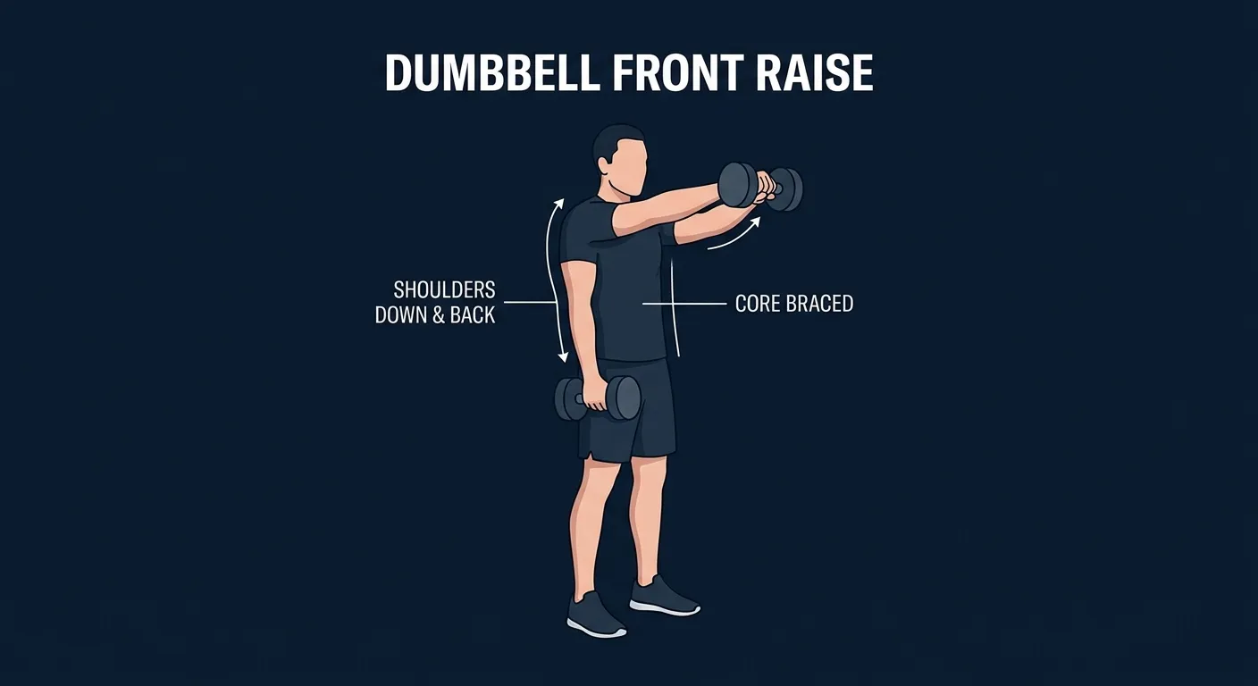 Dumbbell front raise proper form: person standing tall with a dumbbell in each hand, one arm fully extended in front at shoulder height with a small fixed elbow bend, palm facing down, thumb leading slightly upward, the other dumbbell resting against the front of the thigh