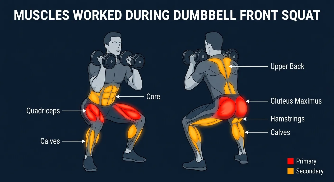 Dumbbell front squat muscles activated: quadriceps and gluteus maximus as primary movers driving knee and hip extension, with hamstrings, core, upper back, and calves as secondary stabilizers holding the front-rack position