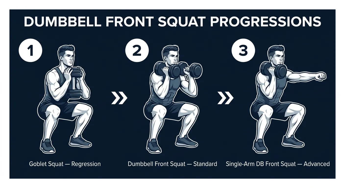 Dumbbell front squat progression path: goblet squat on the left as the regression prerequisite, standard dumbbell front squat in the middle with a pair of dumbbells racked at the shoulders, and single-arm dumbbell front squat on the right for unilateral advanced progression