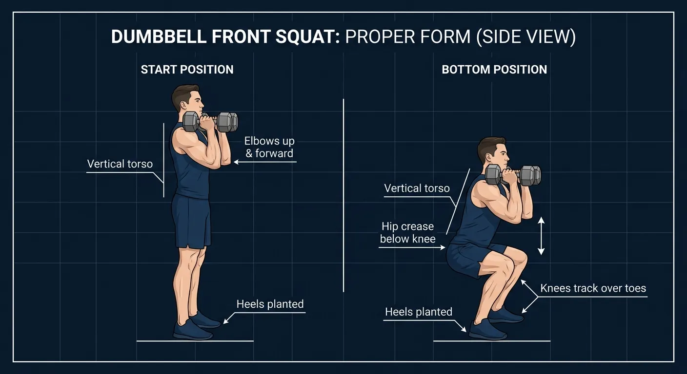 Dumbbell front squat proper form side view: start position standing tall with a pair of dumbbells racked at the shoulders, elbows up and pointing forward, and bottom position with hip crease below the top of the knee, torso still vertical, dumbbells still on the shoulders
