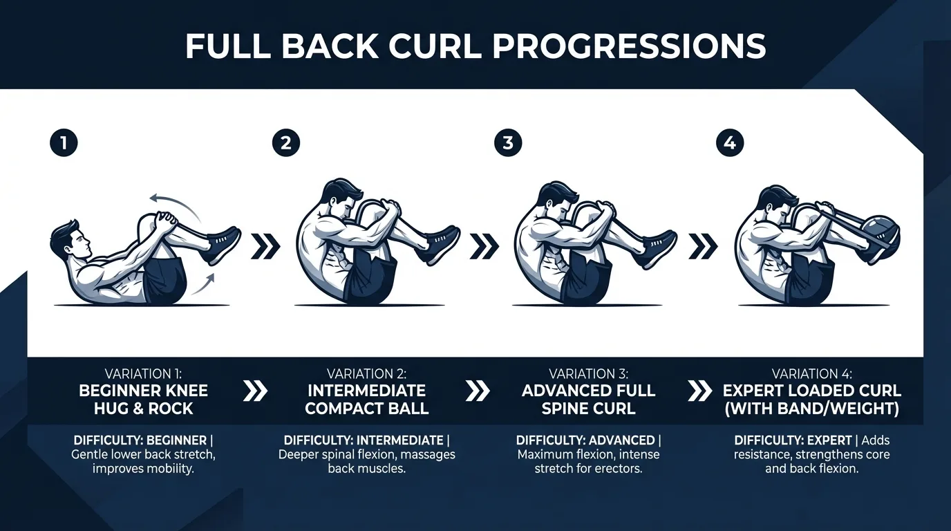 Full back curl variations showing seated version on a chair and loaded Jefferson curl version standing on a raised platform with light dumbbell