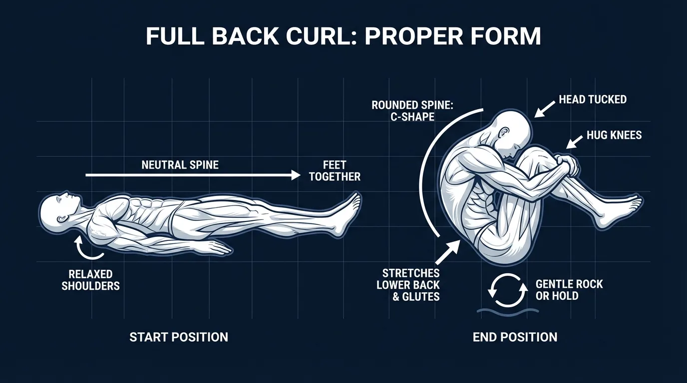 Full back curl proper form showing standing start, mid-roll through thoracic spine, and full flexion position with hands reaching toward toes