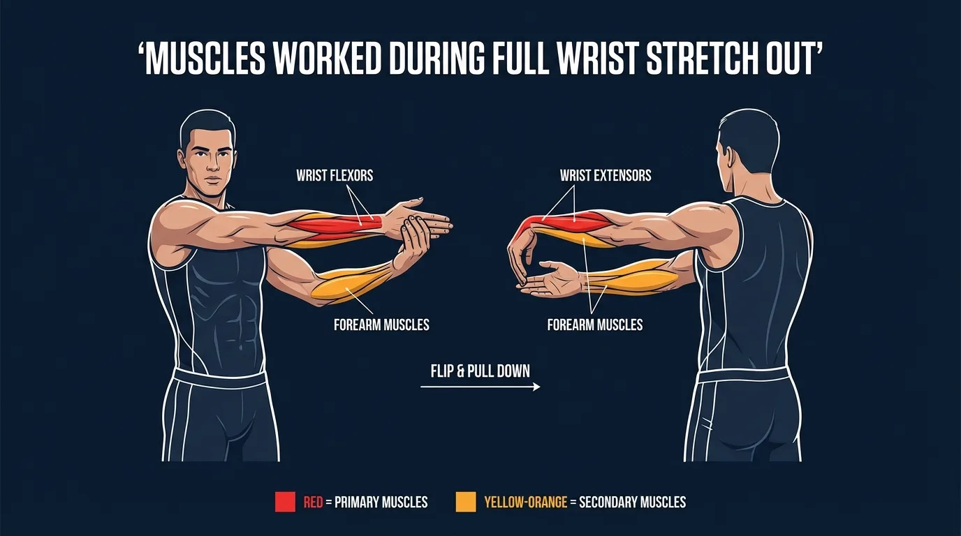 Full wrist stretch out muscles targeted diagram showing wrist flexors stretched in extension phase and wrist extensors stretched in flexion phase with forearm anatomy