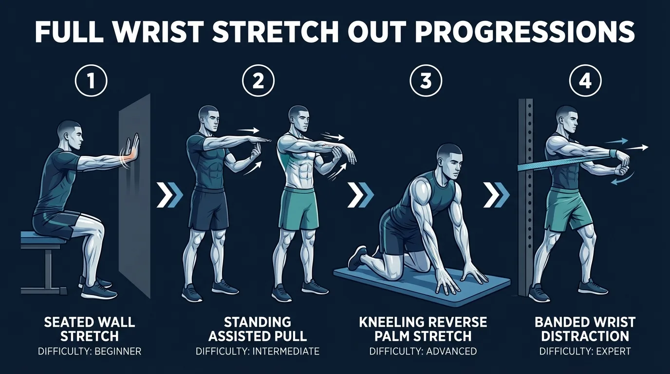 Full wrist stretch out variations from prayer stretch to tabletop wrist stretch to resistance band wrist mobilization
