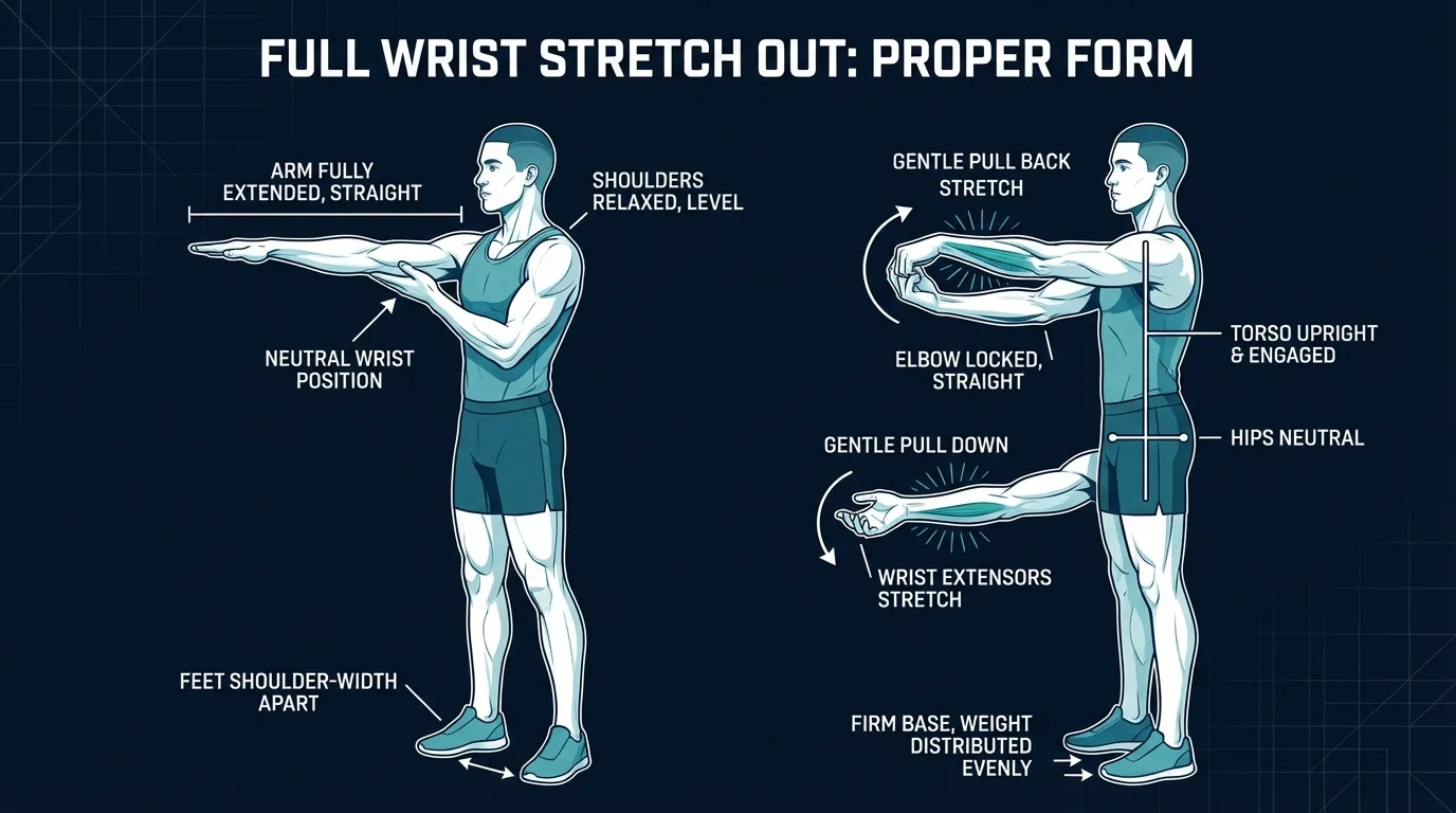 Full wrist stretch out proper form showing four positions: wrist extension with fingers pointing up, flexion with fingers pointing down, radial deviation toward thumb, and ulnar deviation toward pinky