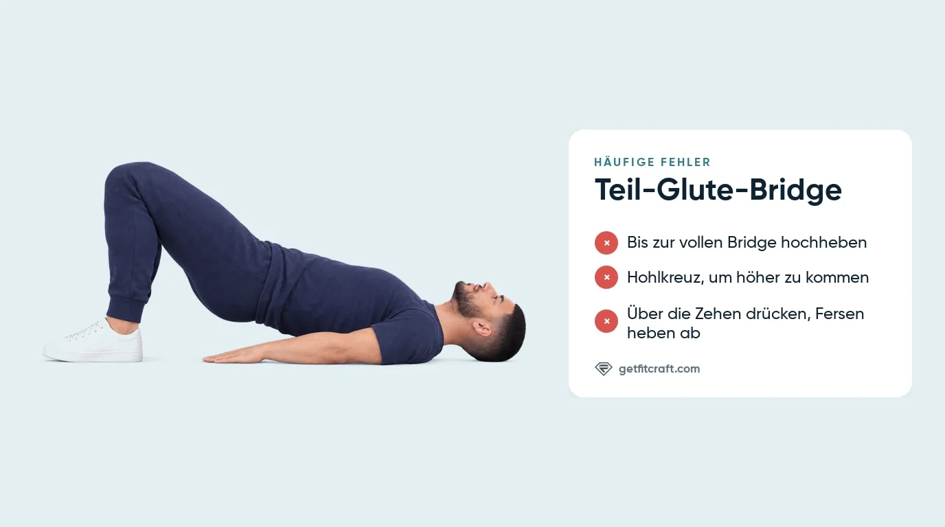 Teil-Glute-Bridge häufige Fehler neben der richtigen halben Bridge: Hüfte nur teilweise oben und beide Fersen am Boden