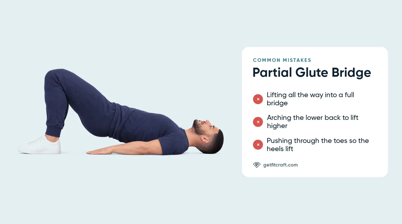Partial glute bridge common mistakes listed beside the correct half bridge: hips only partway up and both heels on the floor