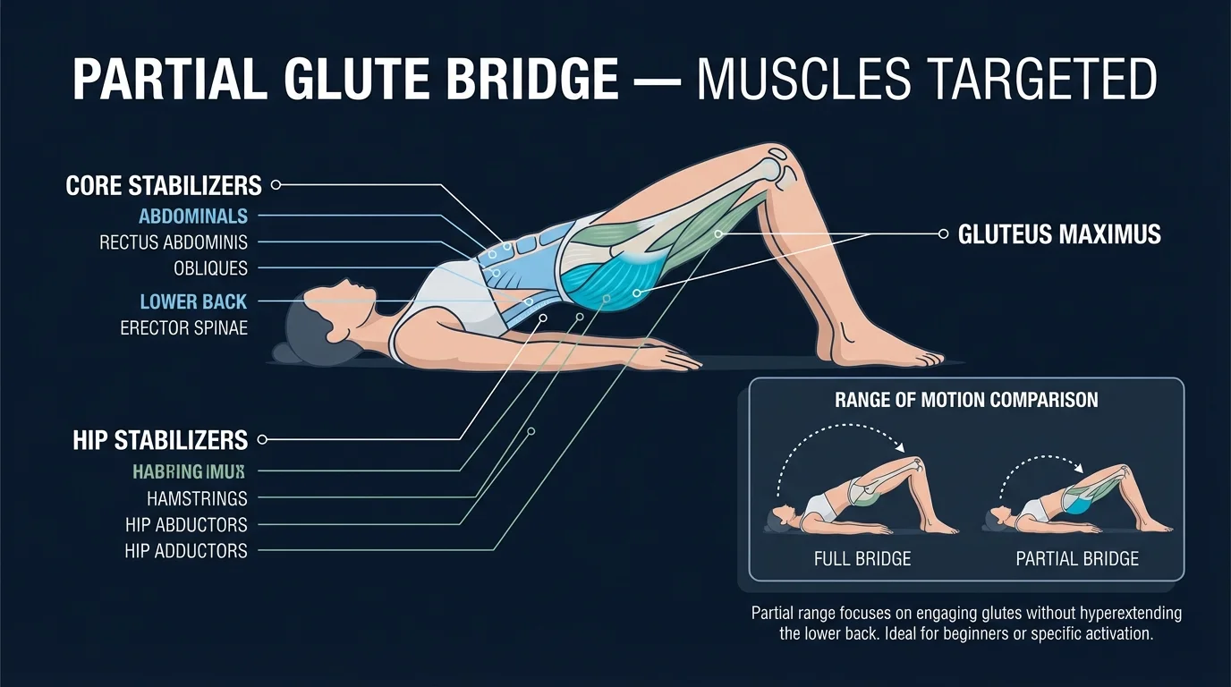 Partial glute bridge muscles targeted diagram showing gluteus maximus activation with reduced hamstring involvement