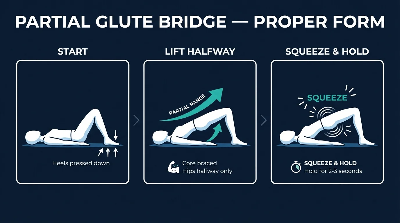 Partial glute bridge proper form showing half-range hip lift with emphasis on glute squeeze position