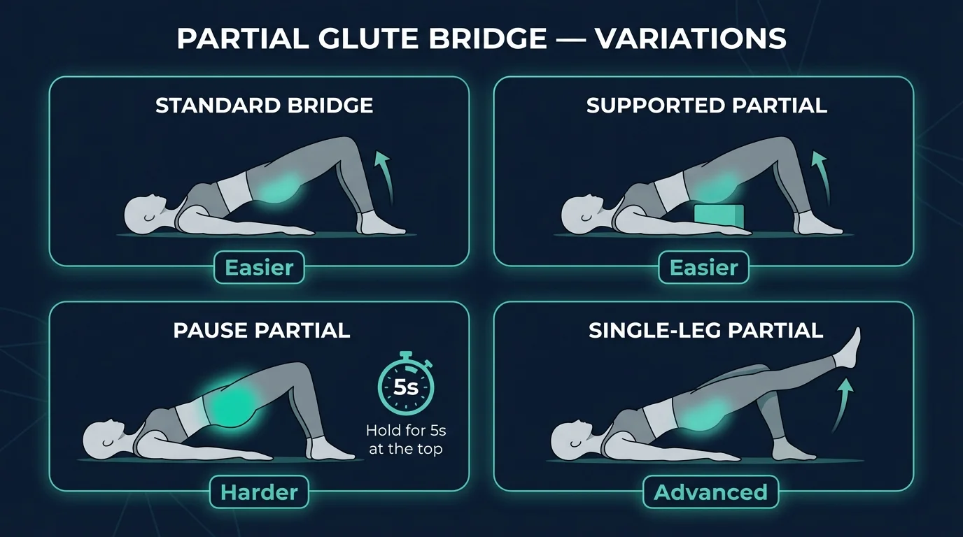 Partial glute bridge variations showing regression and progression options from supported bridge to single-leg partial bridge
