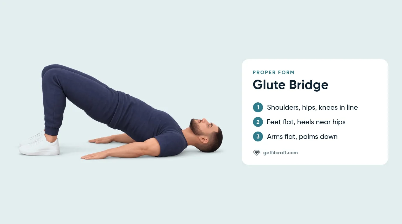 Glute bridge exercise proper form at the top: shoulders, hips and knees in one line, feet flat near the hips, palms down