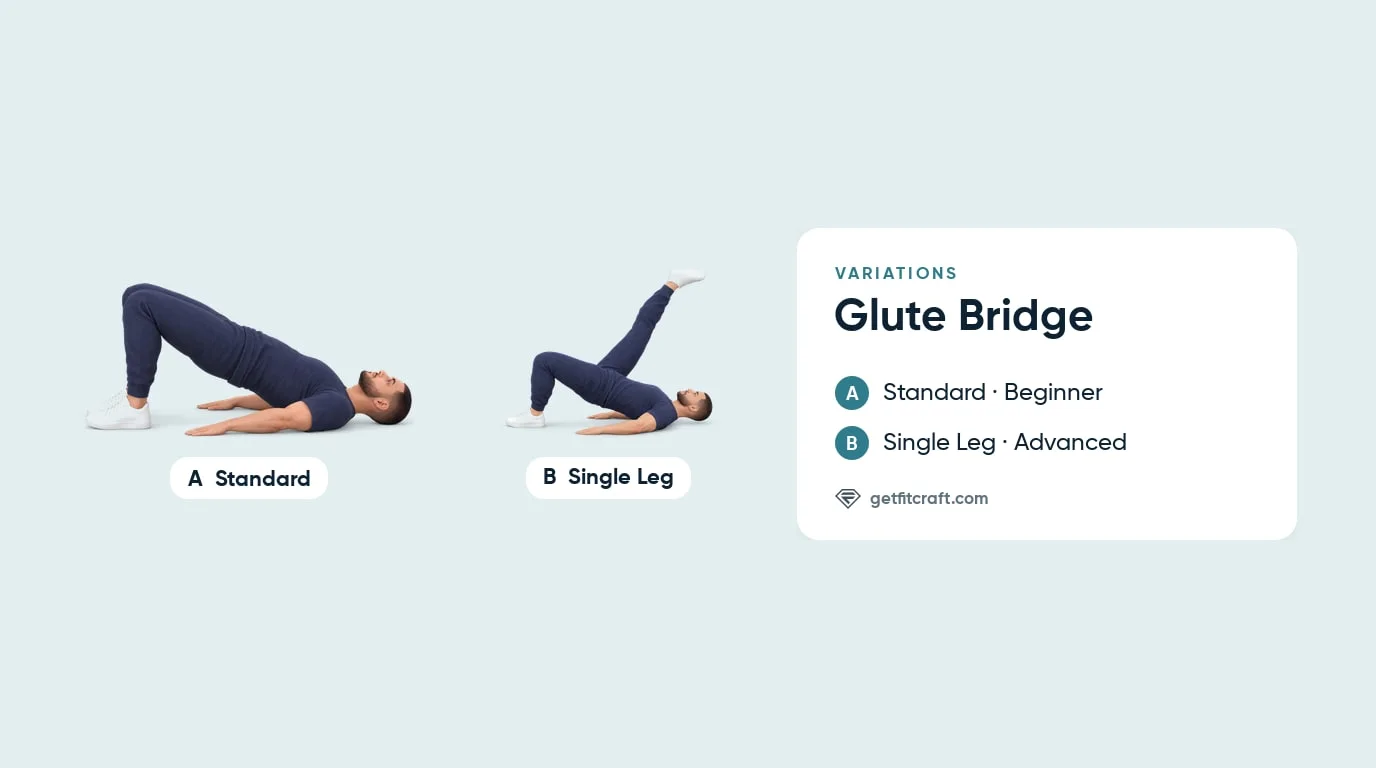 Glute bridge variations: the standard two-leg bridge beside the harder single-leg bridge with one leg raised straight