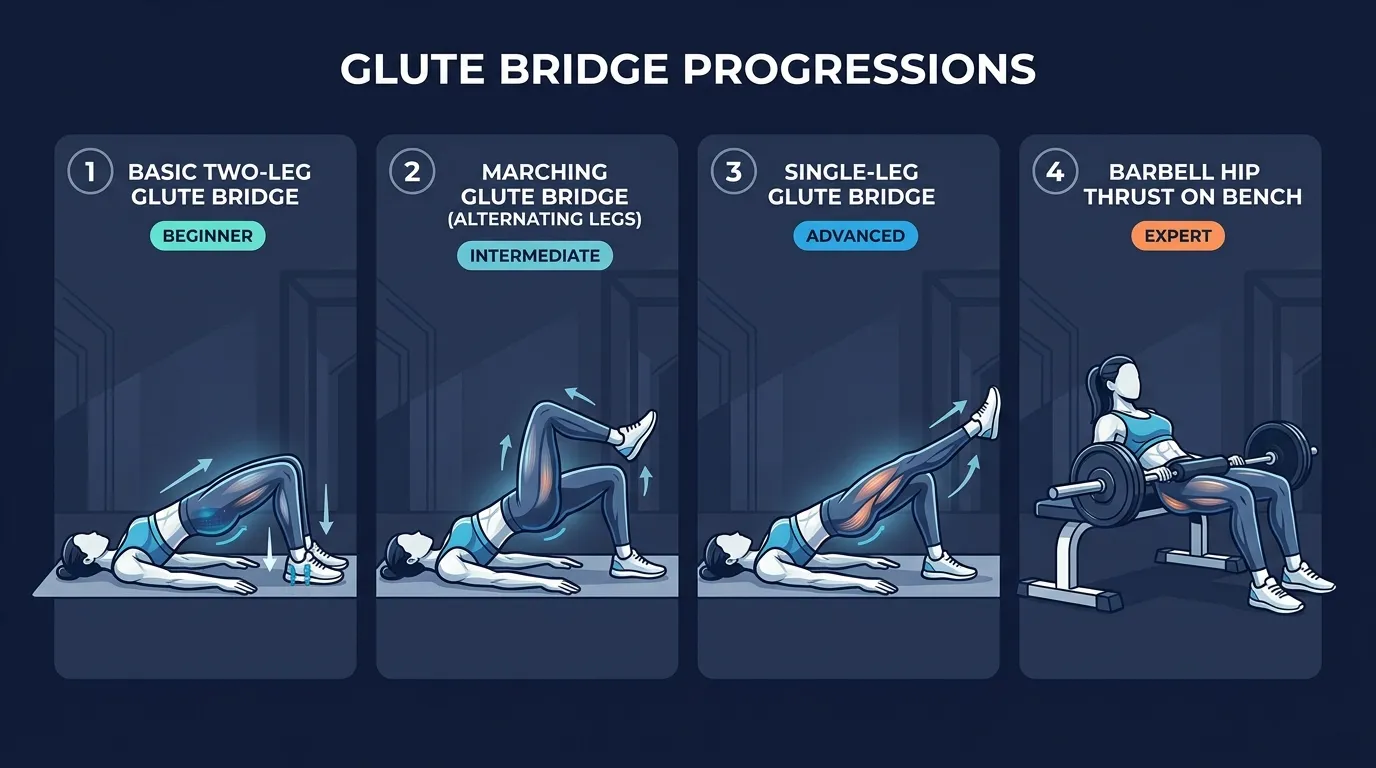 Glute bridge progression from partial range (beginner regression) to standard bodyweight to paused and single-leg (advanced)