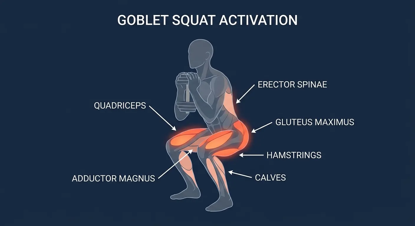 Goblet squat muscles activated: quadriceps, gluteus maximus, and adductor magnus as primary movers, with hamstrings, calves, erector spinae, upper back, and anterior core as stabilizers