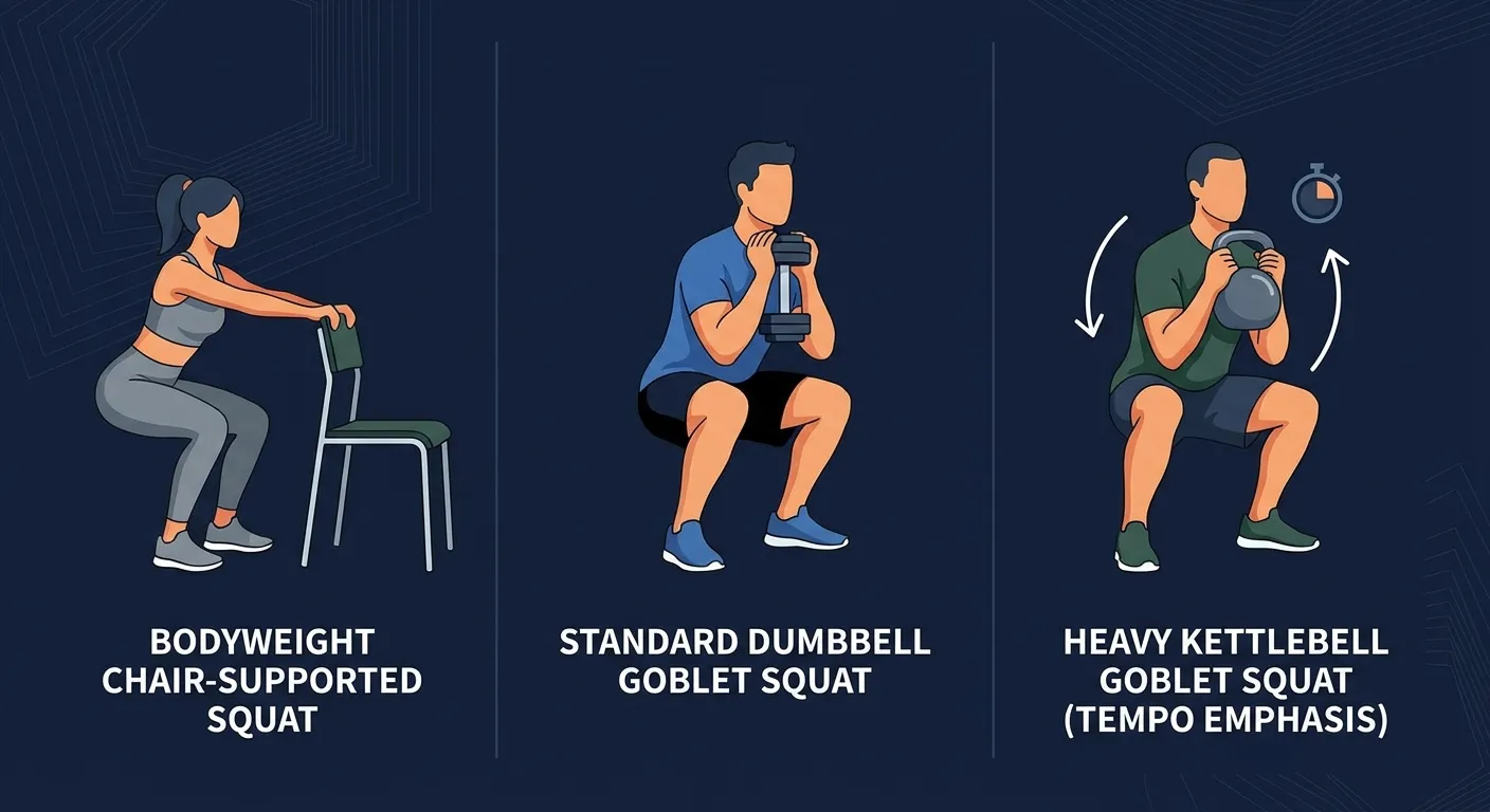Goblet squat progression from bodyweight squat (regression) to light goblet squat (entry) to heavy kettlebell goblet squat with tempo (advanced)