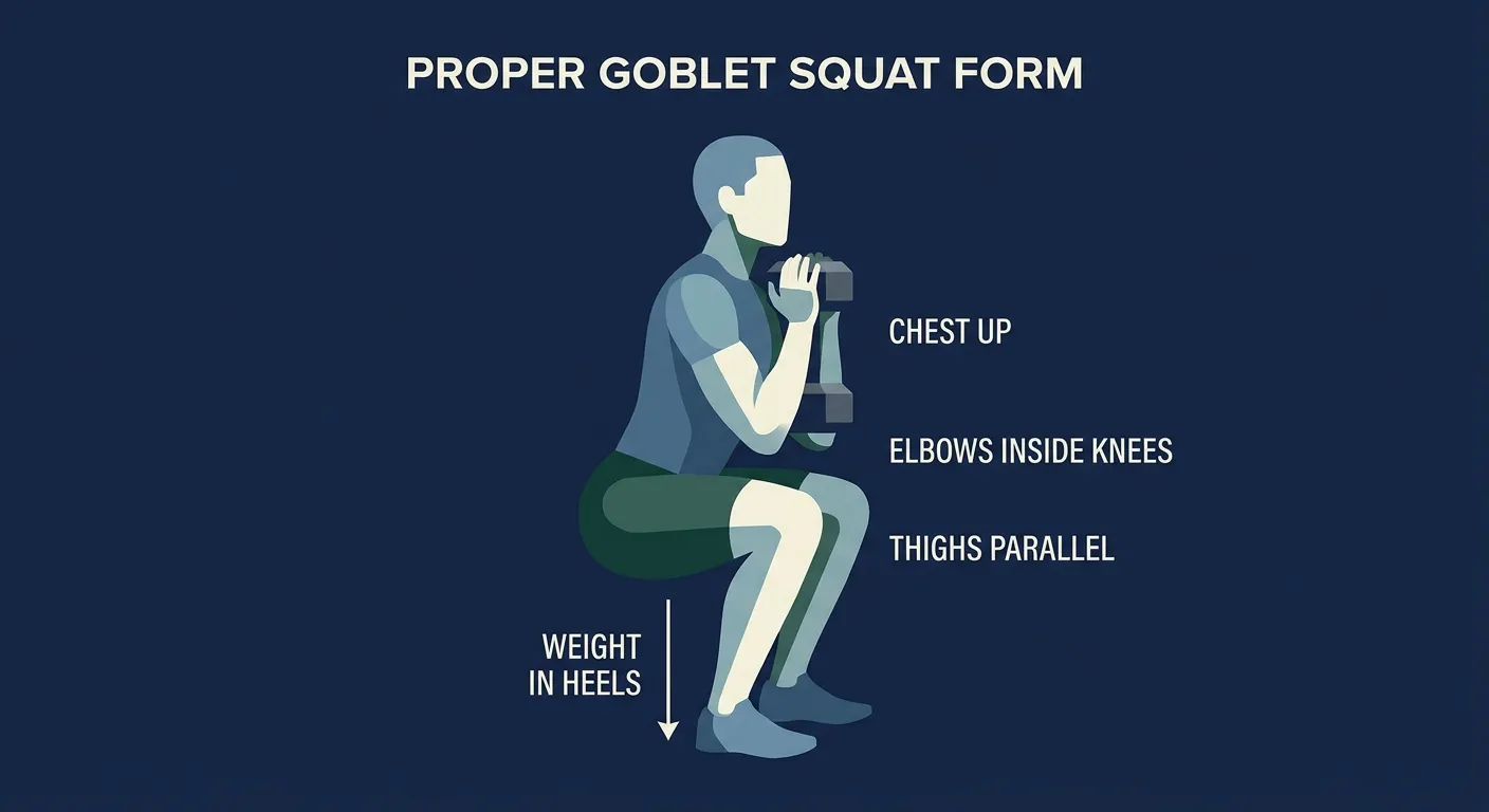 Goblet squat proper form: dumbbell held vertically at chest with both hands under the top bell, elbows tucked, thighs at or below parallel, chest tall, weight through the heels