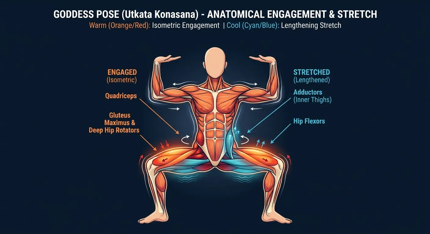 Goddess pose muscles engaged: quadriceps and gluteus maximus as primary movers, deep hip external rotators and adductors loaded in the wide-stance squat, with the core and shoulders supporting the upright torso and cactus arms